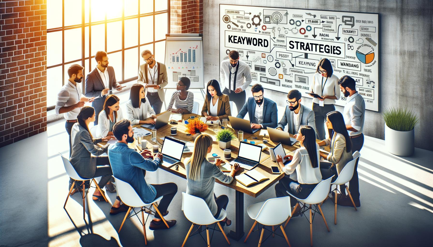 Grupo de profissionais em uma reunião discutindo estratégias de palavras-chave para SEO em uma sala de conferências.