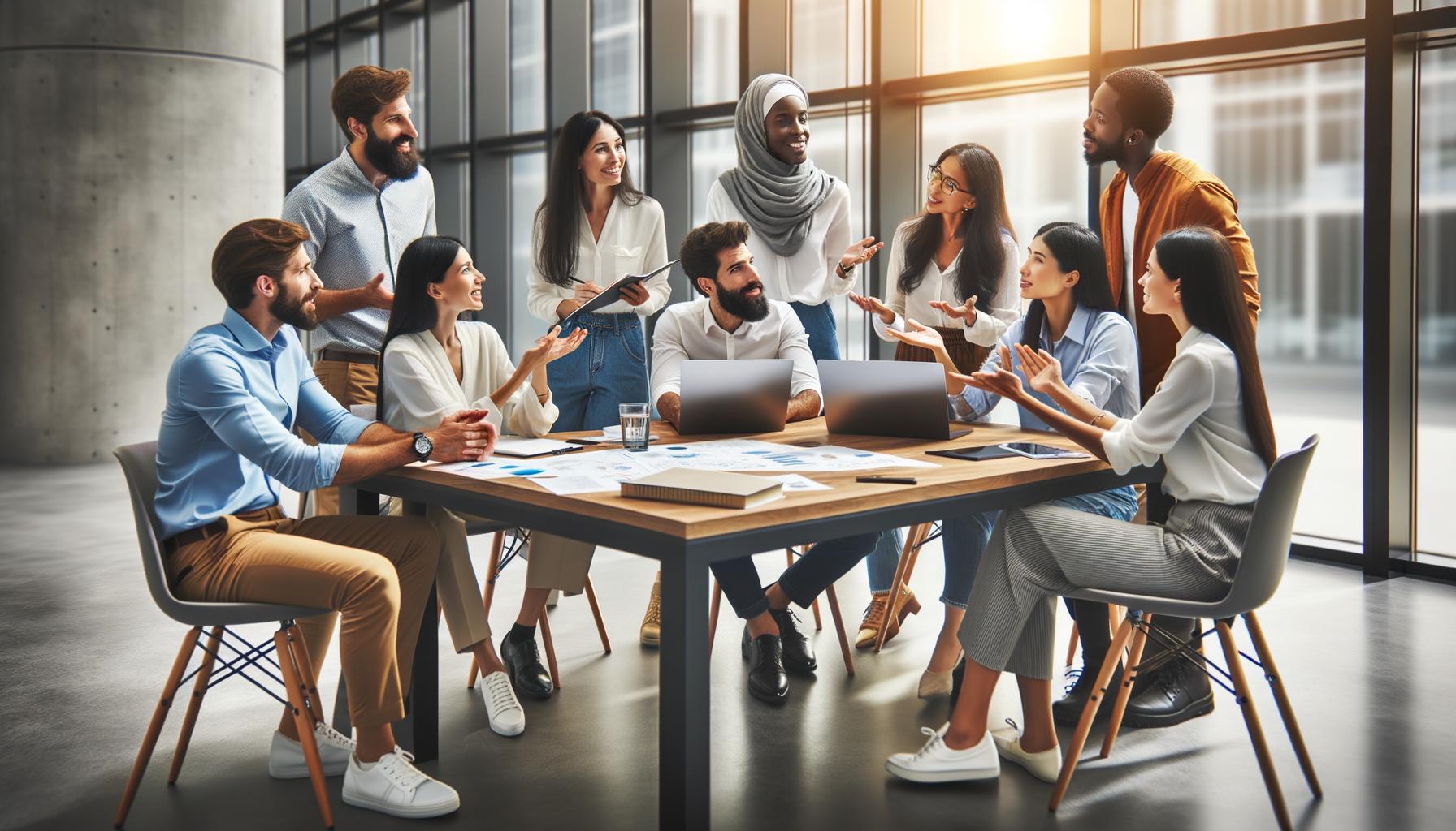 Grupo diversificado de pessoas em uma reunião em um escritório moderno com laptops e documentos sobre a mesa.