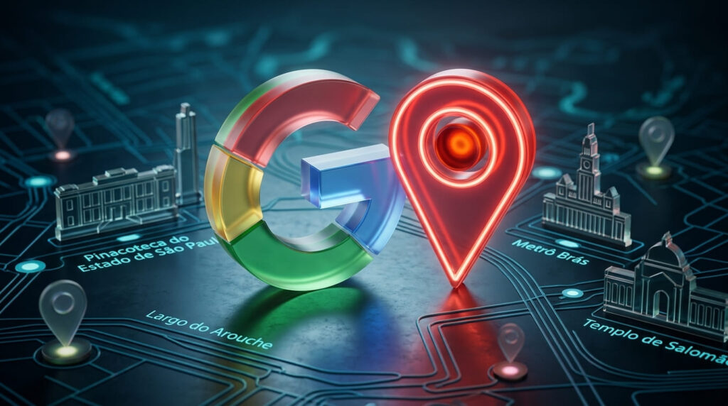 Um G grande logo do google ao lado de uma marcação no mapa