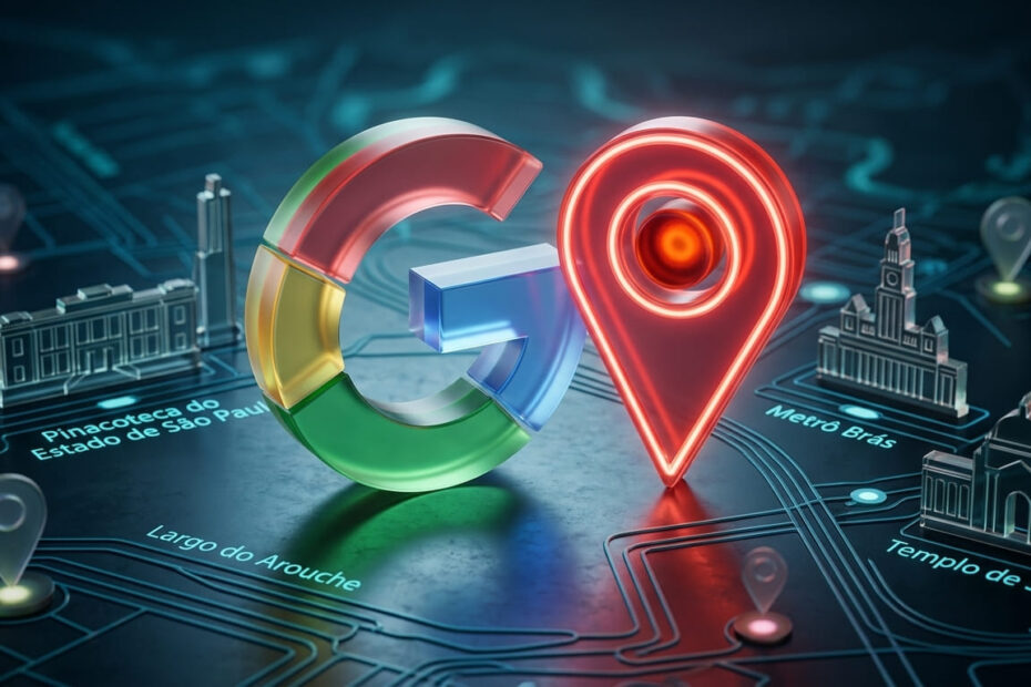 Um G grande logo do google ao lado de uma marcação no mapa