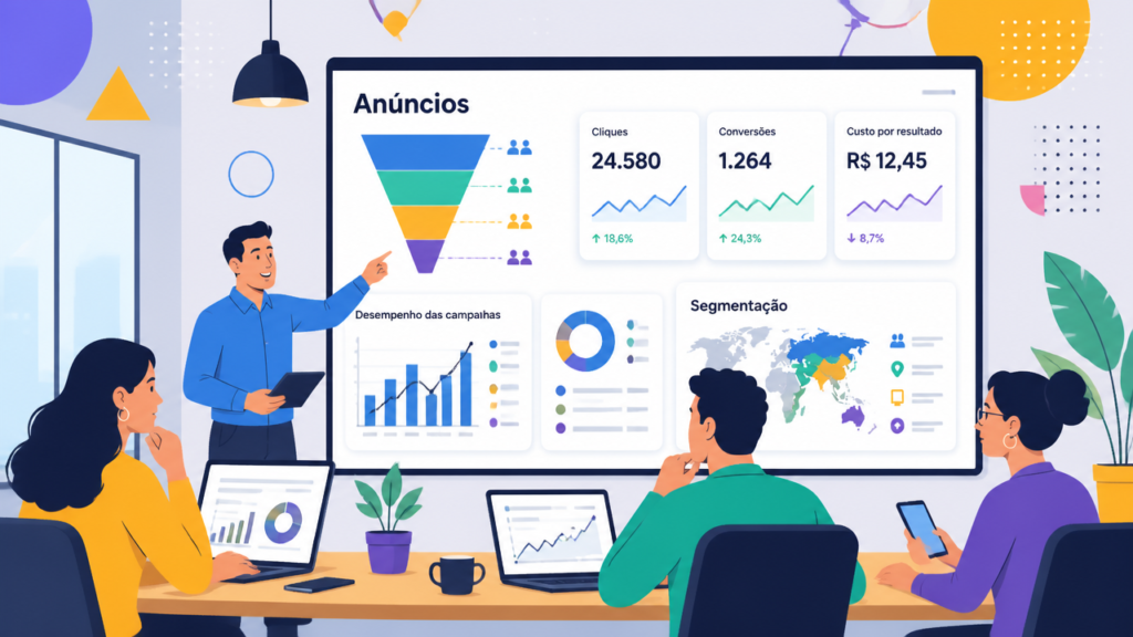 Equipe analisando painel de campanhas de anúncios e métricas de conversão em escritório moderno