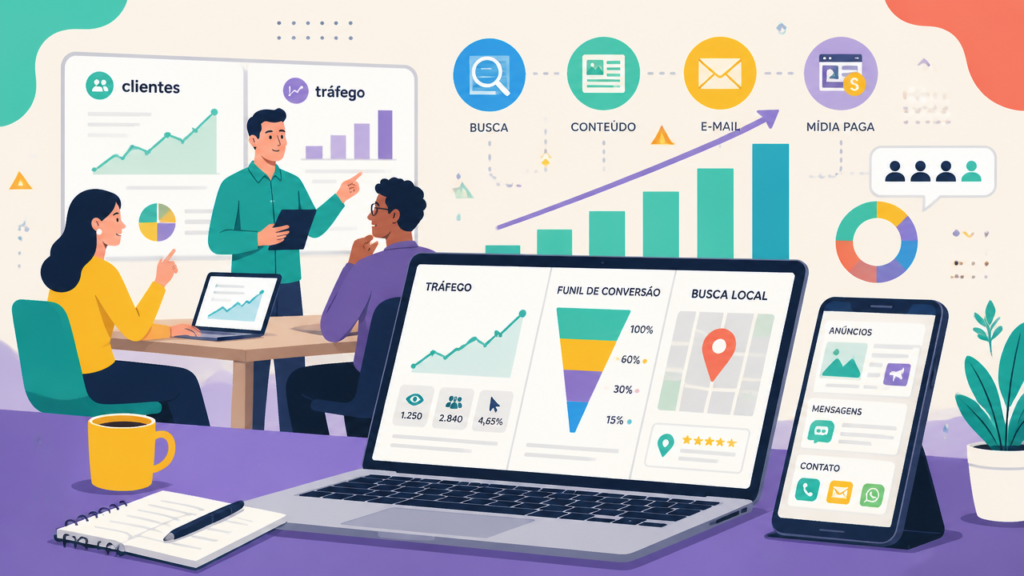 Ilustração de equipe analisando tráfego, canais digitais e geração de clientes em um painel de marketing.