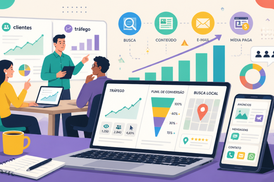 Ilustração de equipe analisando tráfego, canais digitais e geração de clientes em um painel de marketing.