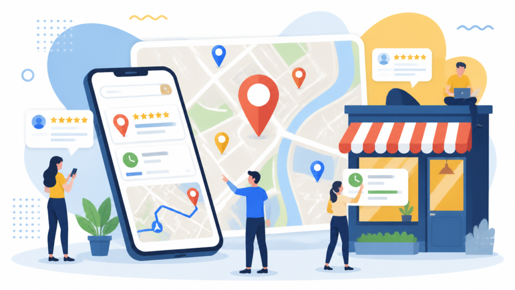 Ilustração de mapa digital com pinos de localização, smartphone e fachada de loja representando presença no Google Maps.