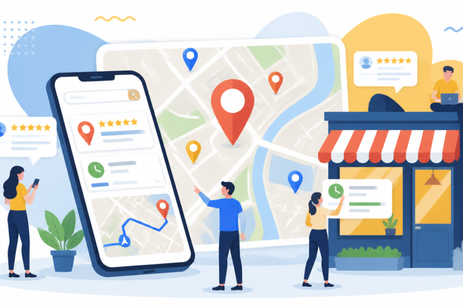 Ilustração de mapa digital com pinos de localização, smartphone e fachada de loja representando presença no Google Maps.