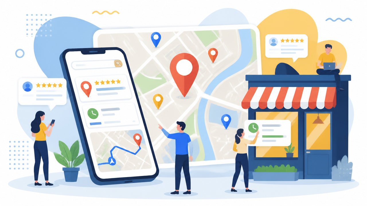 Ilustração de mapa digital com pinos de localização, smartphone e fachada de loja representando presença no Google Maps.